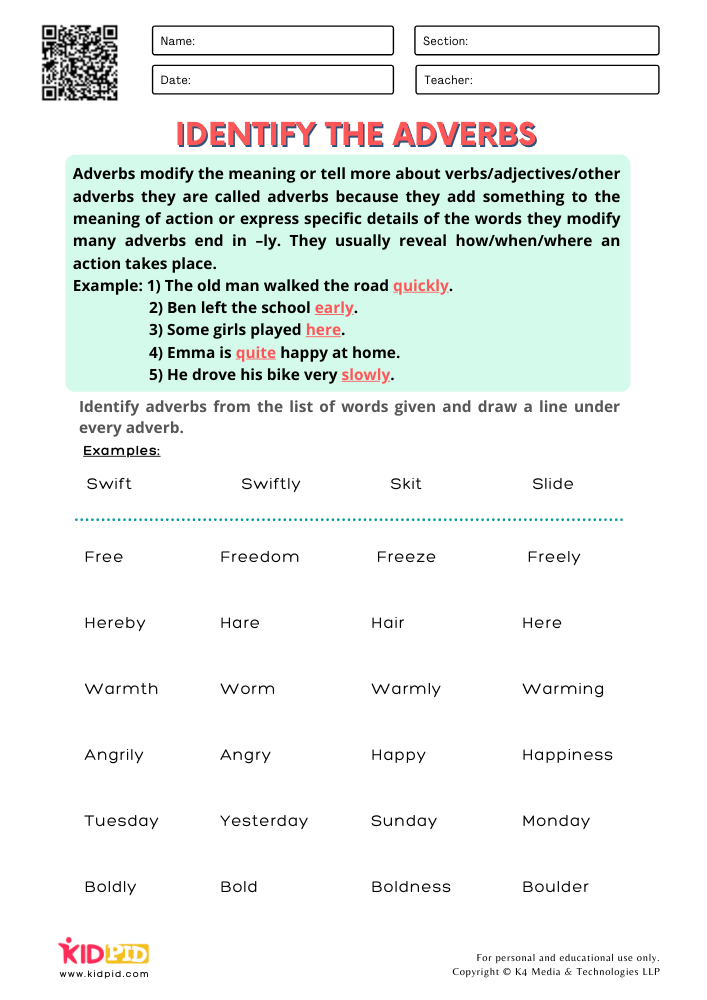 WORKSHEET 5 Identify the Adverbs Free Printable Worksheets for Grade 1