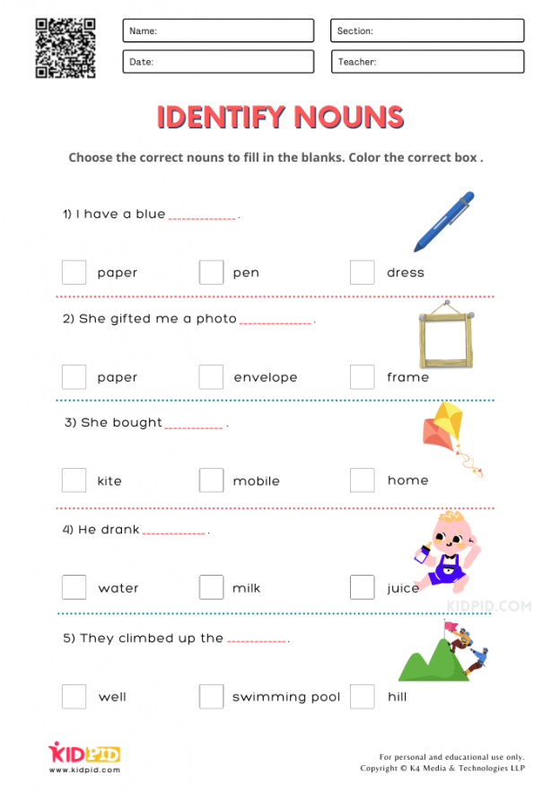Subject And Noun Identifying Worksheets For Grade 1