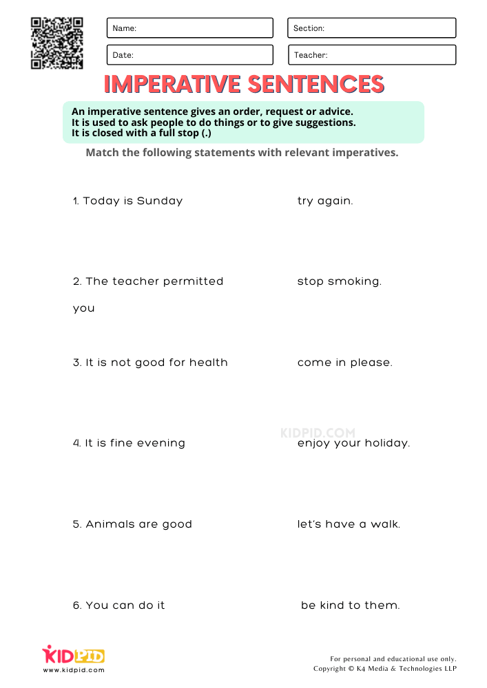 Imperative Sentence Free Printable Worksheets for Grade 1