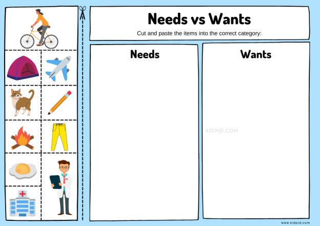 Needs and Wants Free Printable Worksheet for Kids - Kidpid