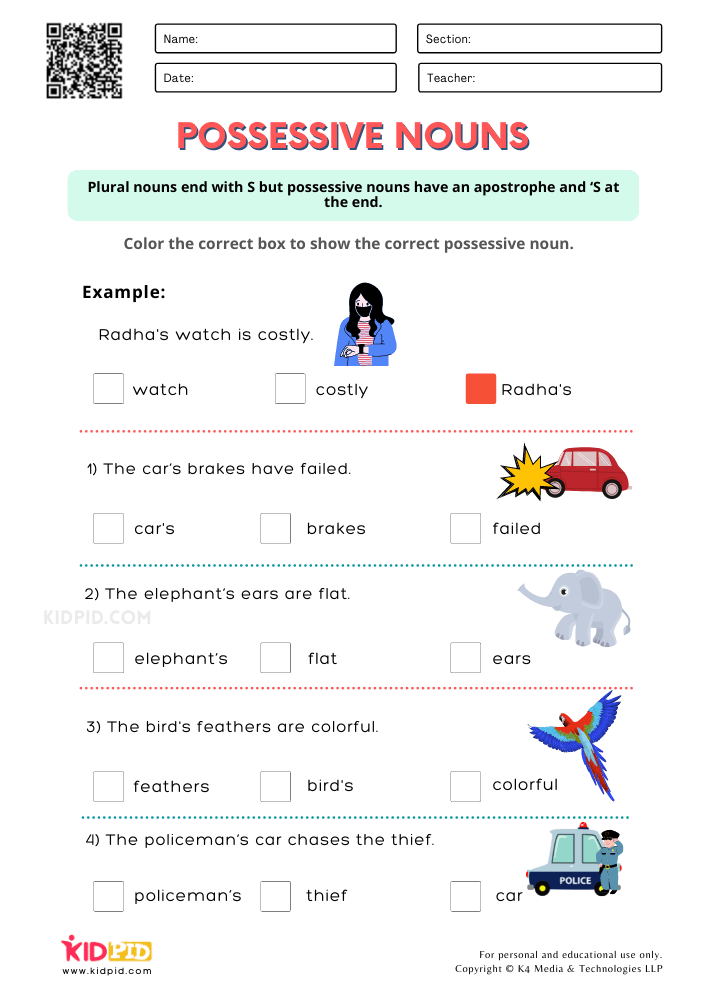 Possessive Nouns Printable Worksheets for Grade 1