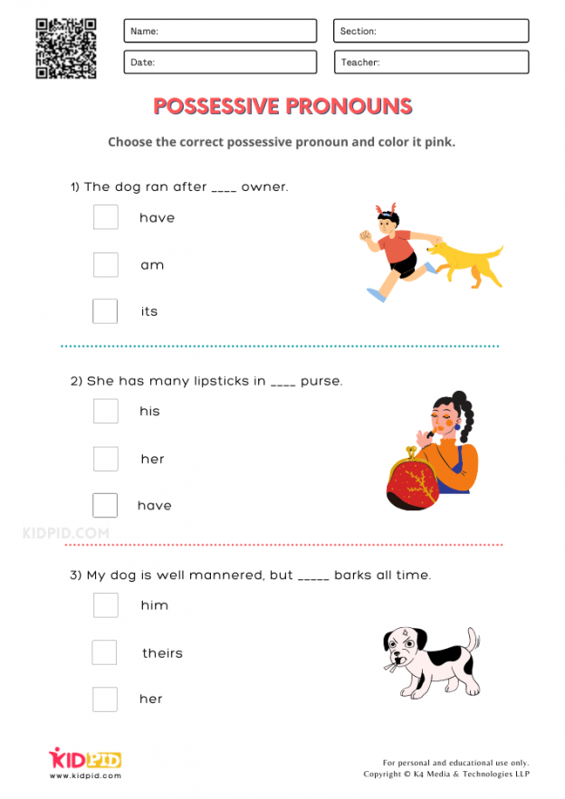 Possessive Pronouns Worksheets For Grade 1 Kidpid