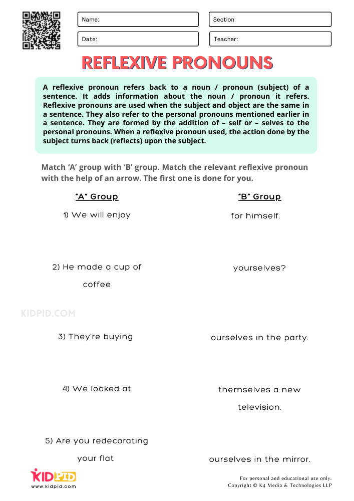 Reflexive Possessive Pronouns Worksheets for Grade 2