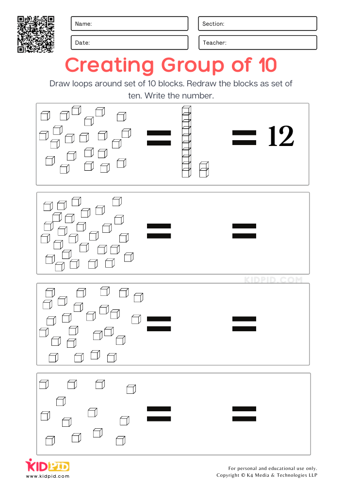 Regrouping with Base 10 blocks Printable Worksheets for Grade 1