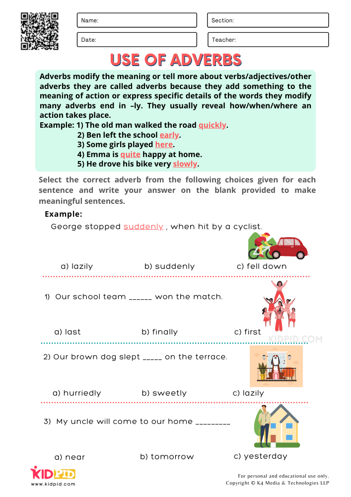 WORKSHEET 5 Use of Adverbs Free Printable Worksheets for Grade 1