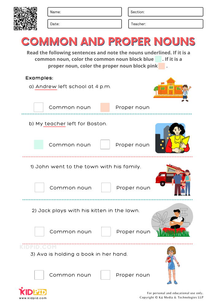 Common and Proper Nouns Printable Worksheets for Grade 2
