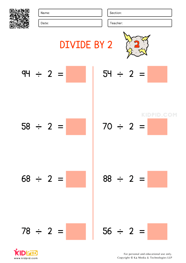 Divide by 2 Printable Worksheets