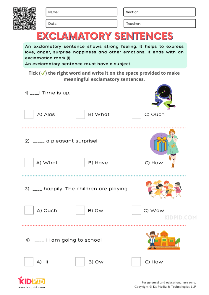 Exclamatory Sentence Free Printable Worksheets for Grade 1