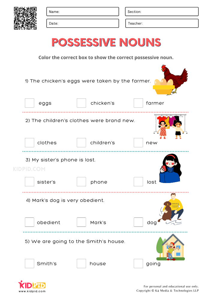Possessive Nouns Worksheets For Grade 1