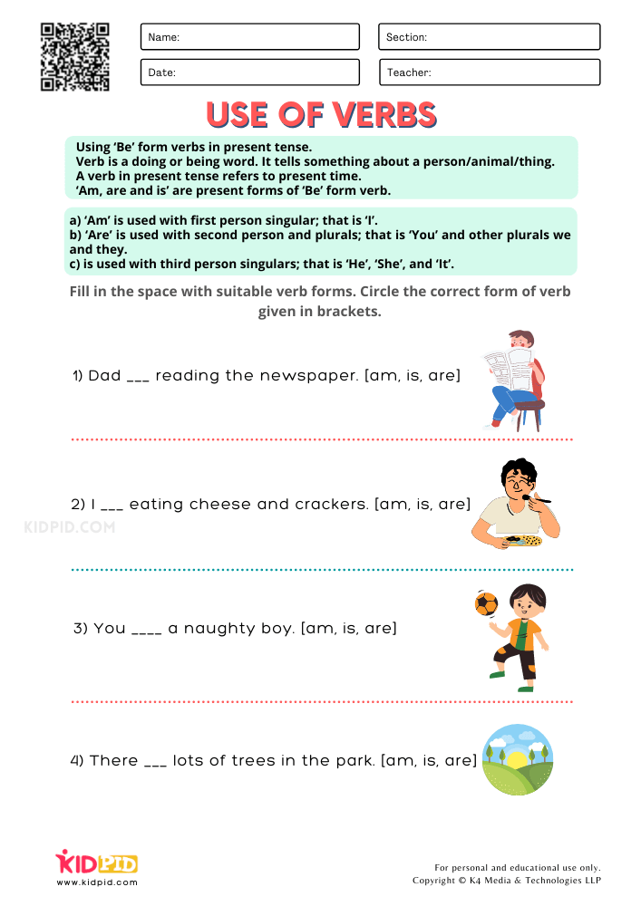 Use of Verbs Printable Worksheets for Grade 1
