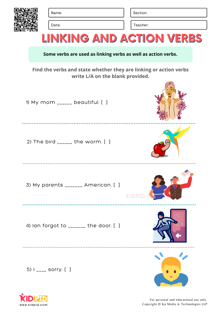 Action And Linking Verbs Worksheet