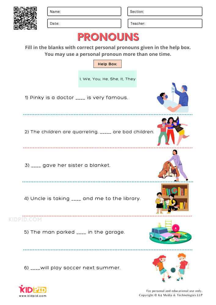 Identification of Pronouns Worksheets for Grade 2