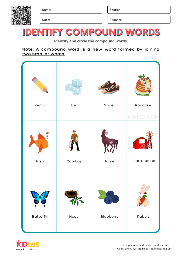 WORKSHEET 7 Identify Compound Words Printable Worksheets for Grade 1