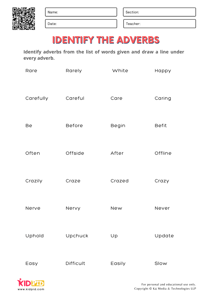 WORKSHEET 7 Identify the Adverbs Free Printable Worksheets for Grade 1