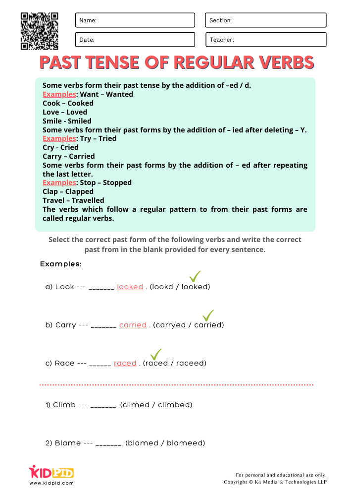 Past Tense of Regular Verbs Printable Worksheets for Grade 2