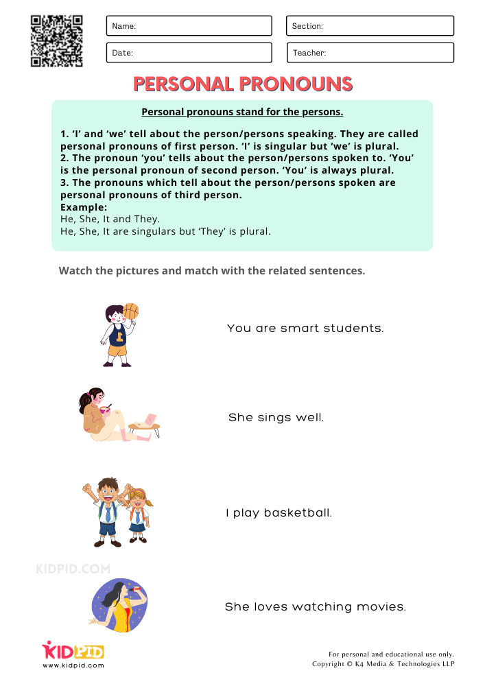 Personal Pronouns Worksheets for Grade 1