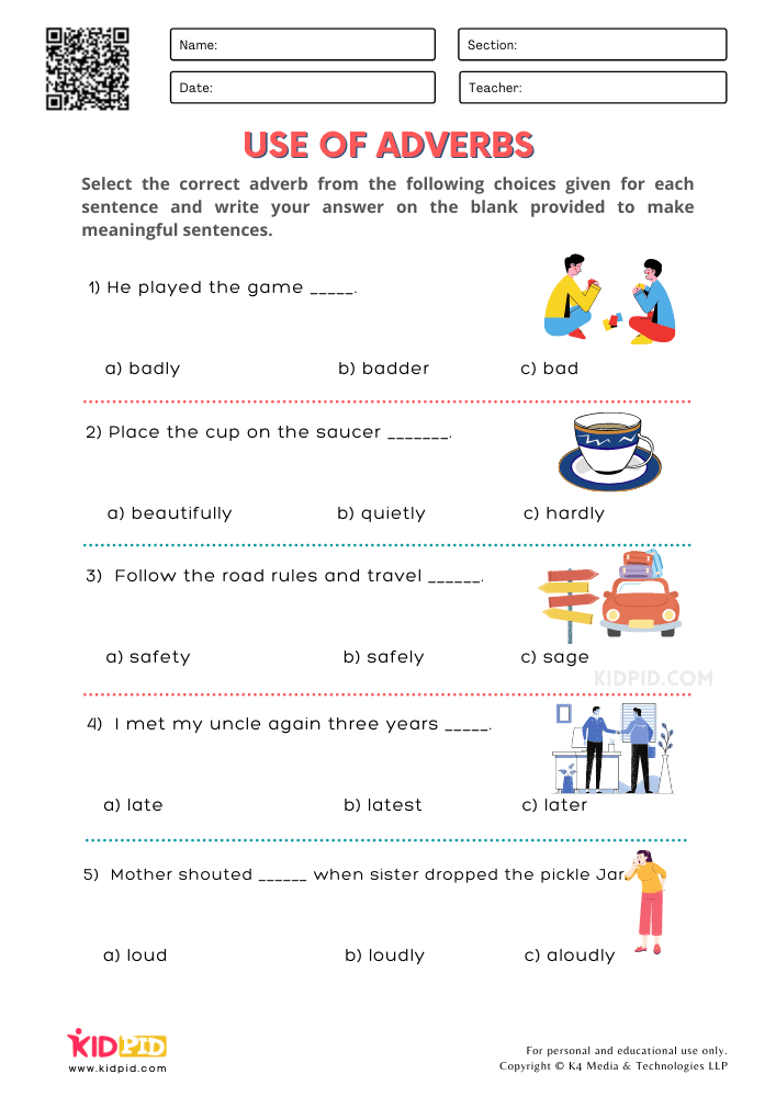WORKSHEET 7 Use of Adverbs Free Printable Worksheets for Grade 1