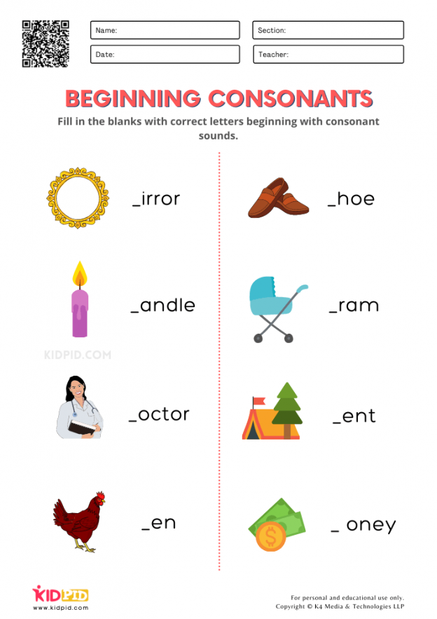 Beginning Consonants Free Printable Worksheets for Kindergarten - Kidpid