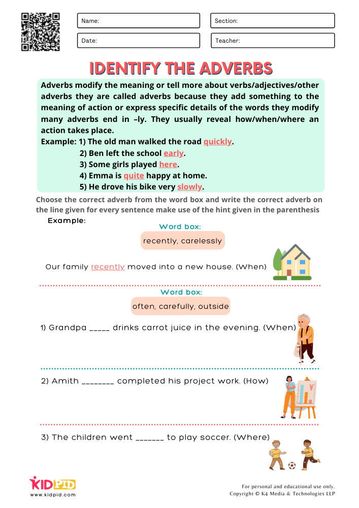 WORKSHEET 8 Identify the Adverbs Free Printable Worksheets for Grade 1