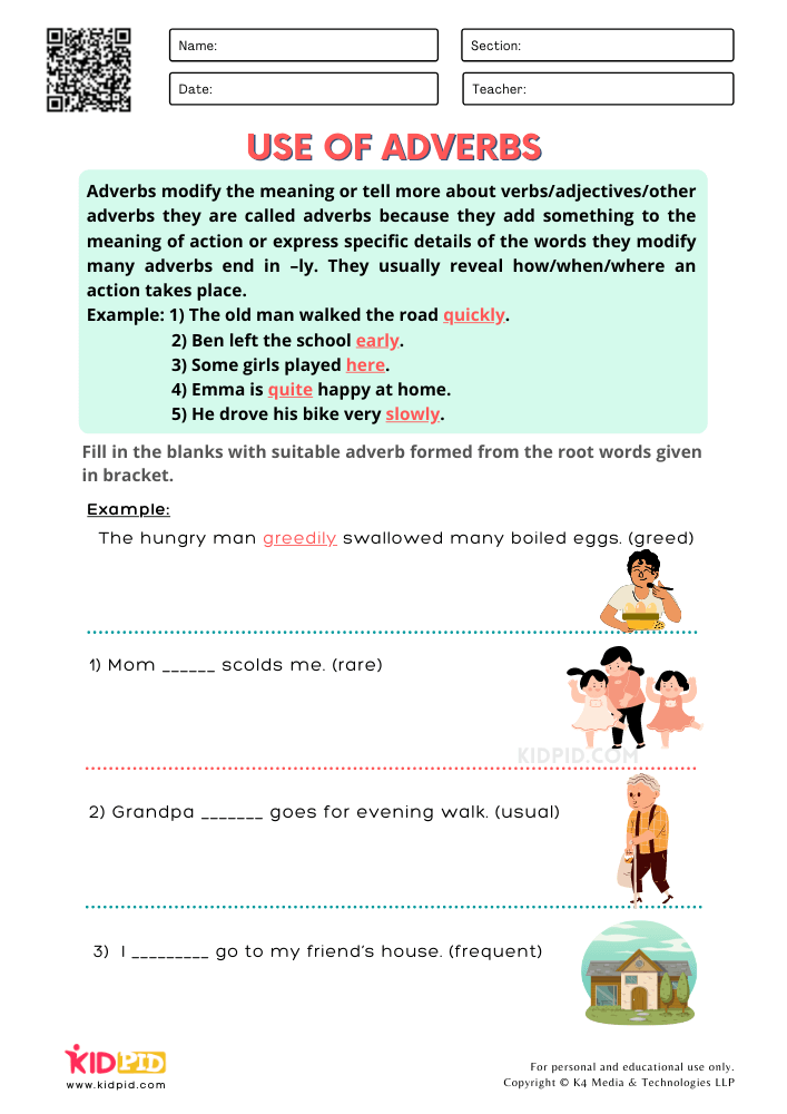 WORKSHEET 8 Use of Adverbs Free Printable Worksheets for Grade 1