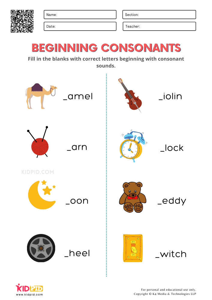 Beginning Consonants Free Printable Worksheets for Kindergarten