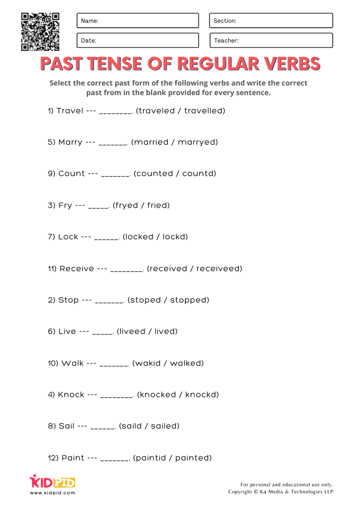 Past Tense of Regular Verbs Printable Worksheets for Grade 2