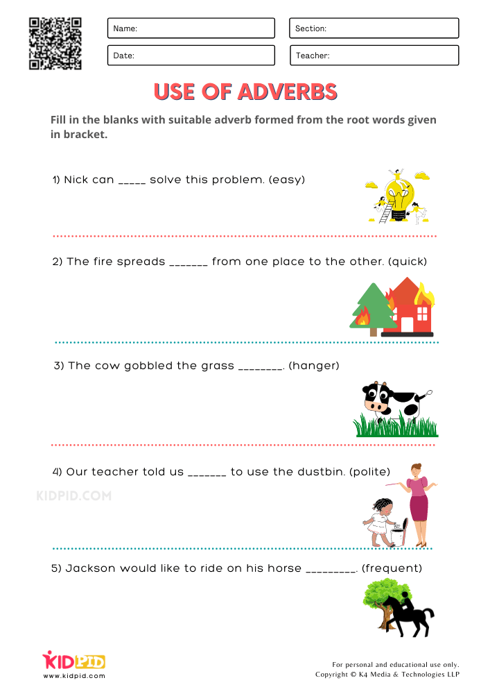 WORKSHEET 9 Use of Adverbs Free Printable Worksheets for Grade 1