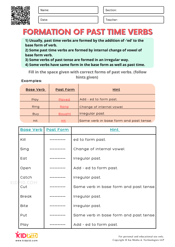 Use of Present Tense Verbs Printable Worksheets for Grade 1