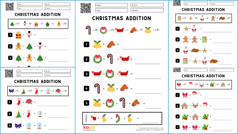 Christmas Addition Printable Worksheets for Grade 3 - Kidpid