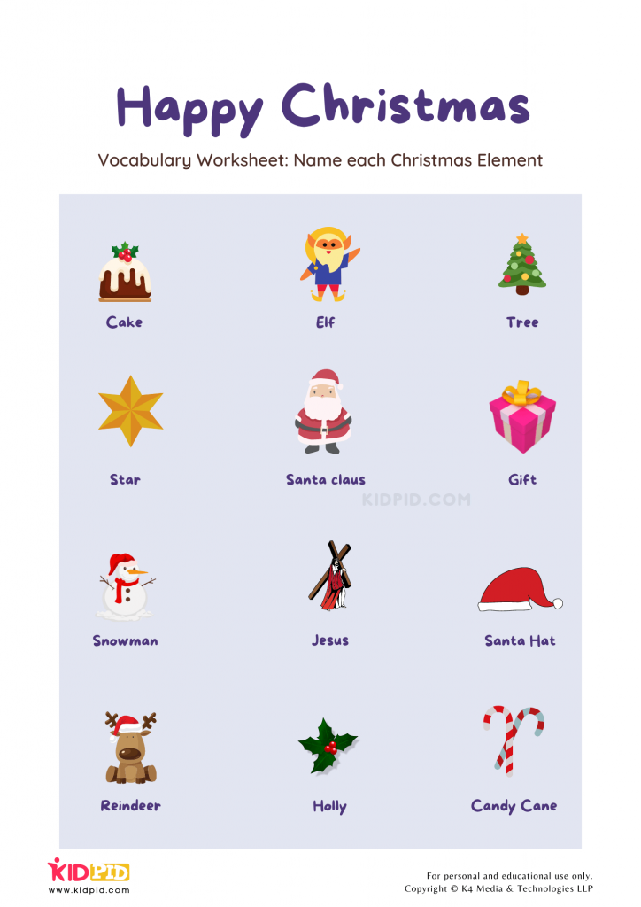 Festival Vocabulary Printable Worksheets for Kids Worksheet for introducing Christmas related terms in your child's vocabulary