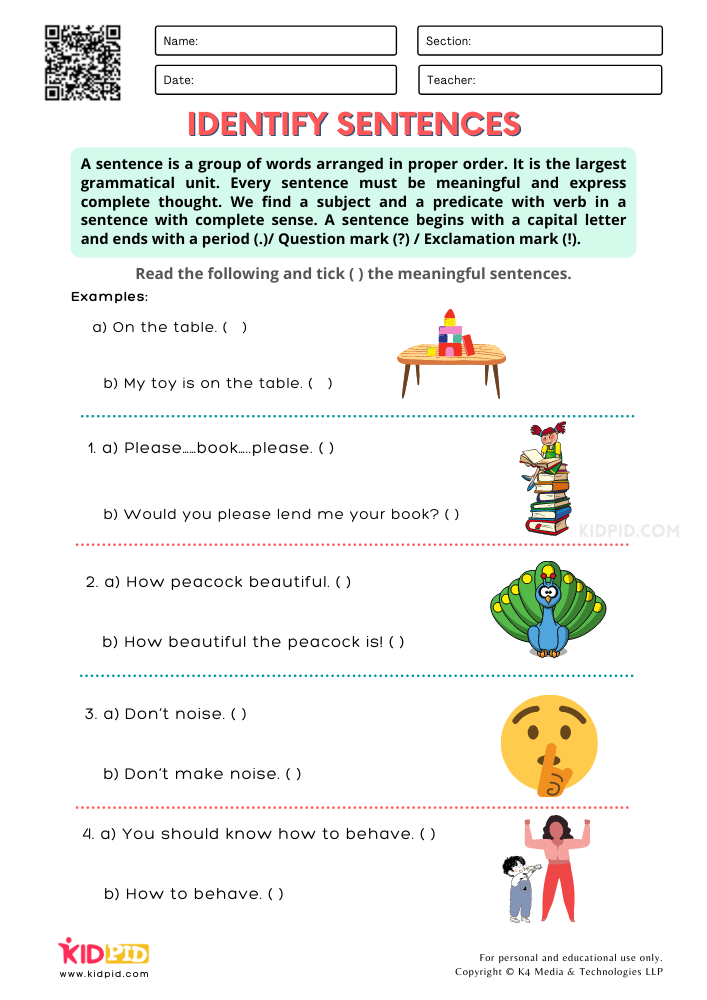 Identify Sentences Printable Worksheets for Grade 2