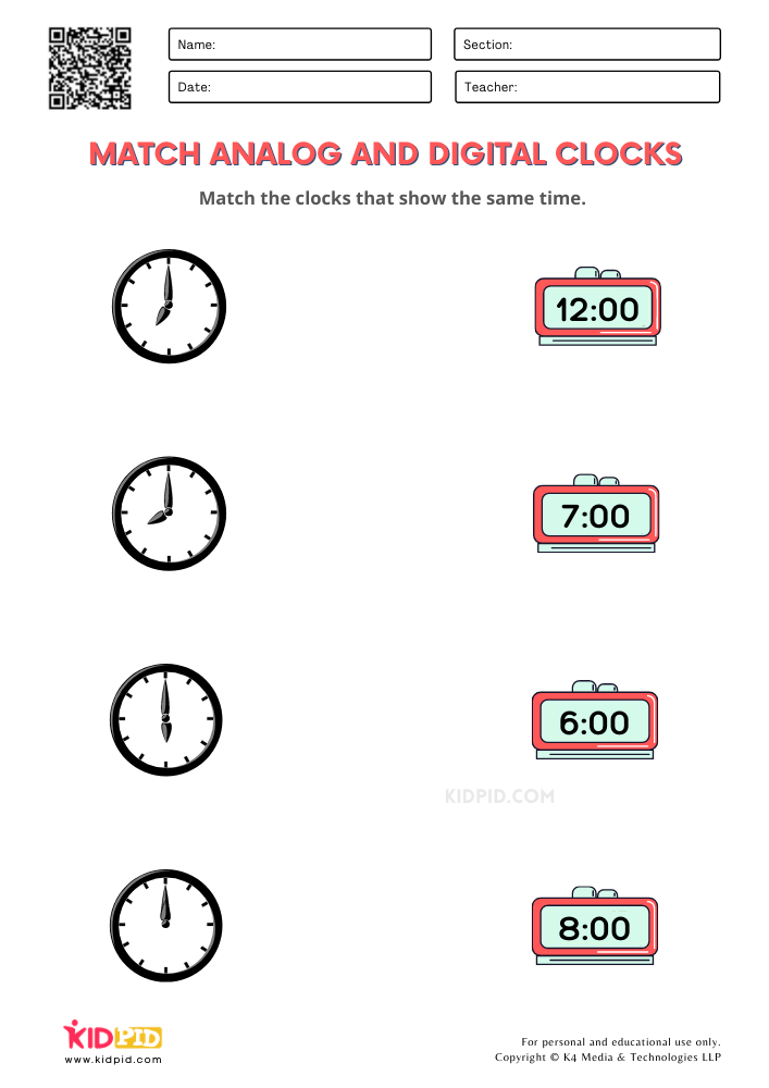 Match Analog Digital Clocks Time Worksheets For Grade 1 Kidpid