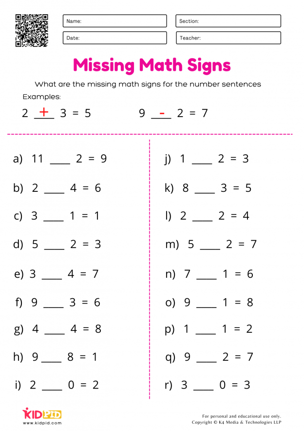 Missing Maths Signs Plus or Minus Printable Worksheets for Grade 1 - Kidpid