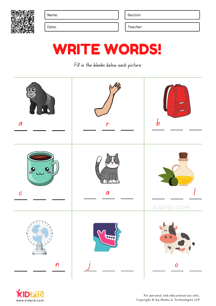 Write 3 Letter Words Worksheet for Grade 1 - Kidpid