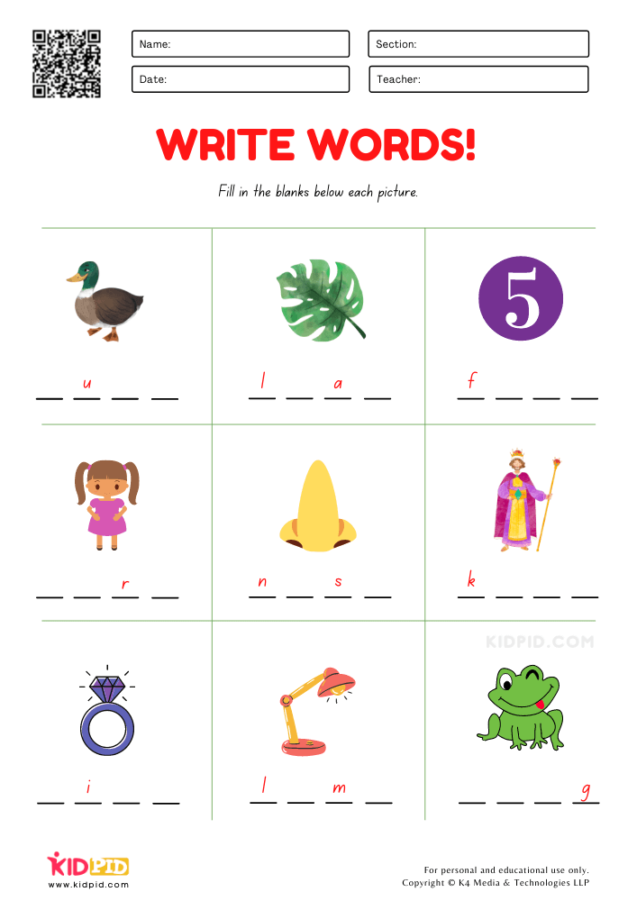 Write 4 Letter Words Worksheet for Grade 1 - Kidpid