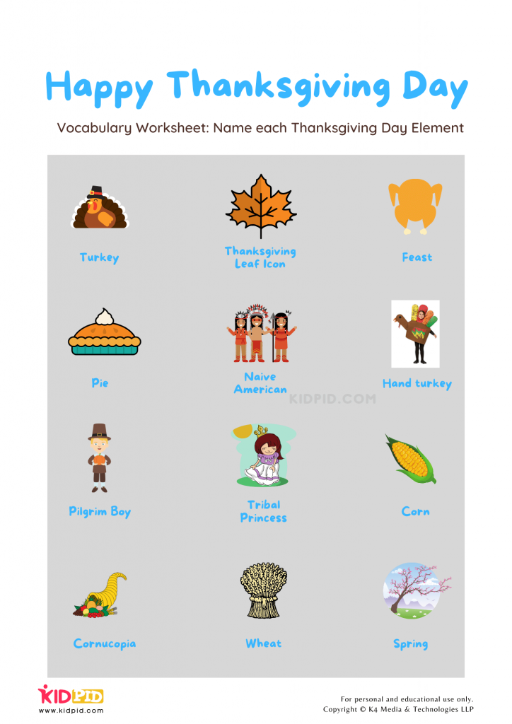Worksheet for introducing Thanksgiving related terms in your child's vocabulary.