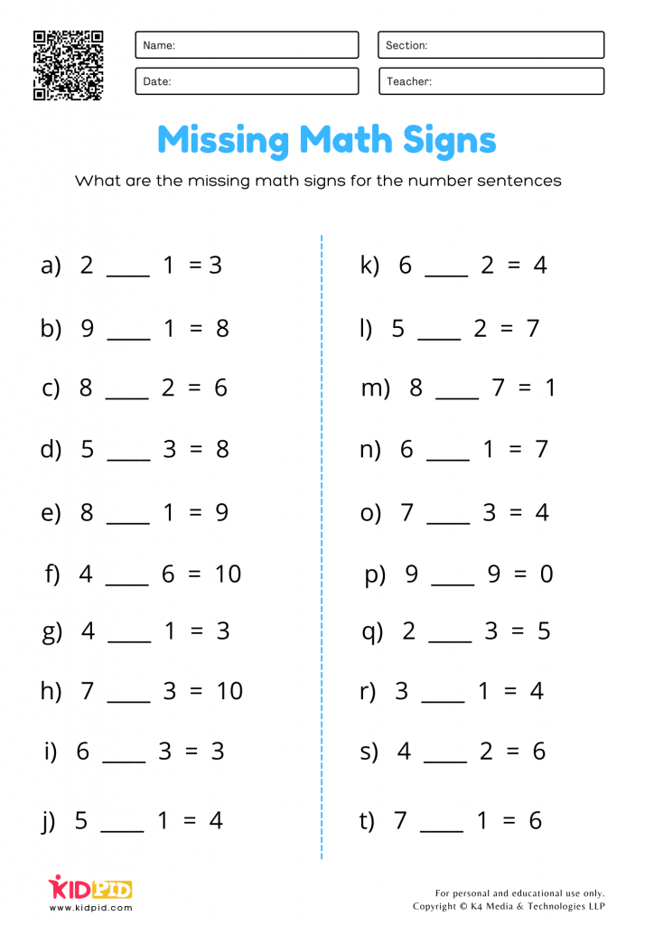 Missing Maths Signs Plus or Minus Printable Worksheets for Grade 1