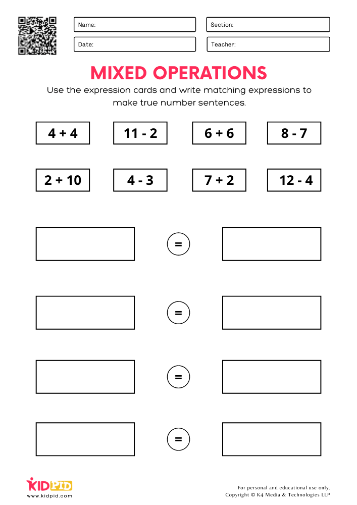 True number sentence Free Printable Worksheets for Grade 1