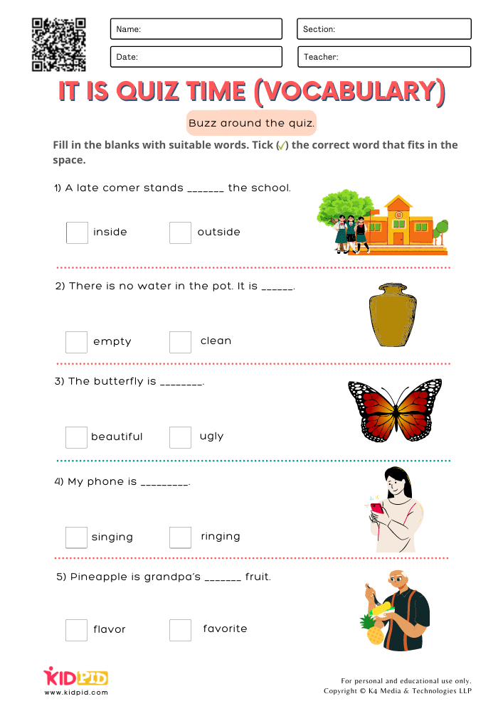 English Grammar Quiz Worksheets for Grade 1