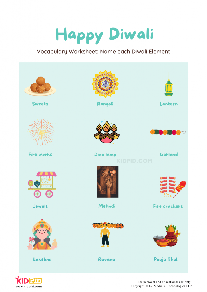 Festival Vocabulary Printable Worksheets for Kids Worksheet for introducing Diwali related terms in your child's vocabulary