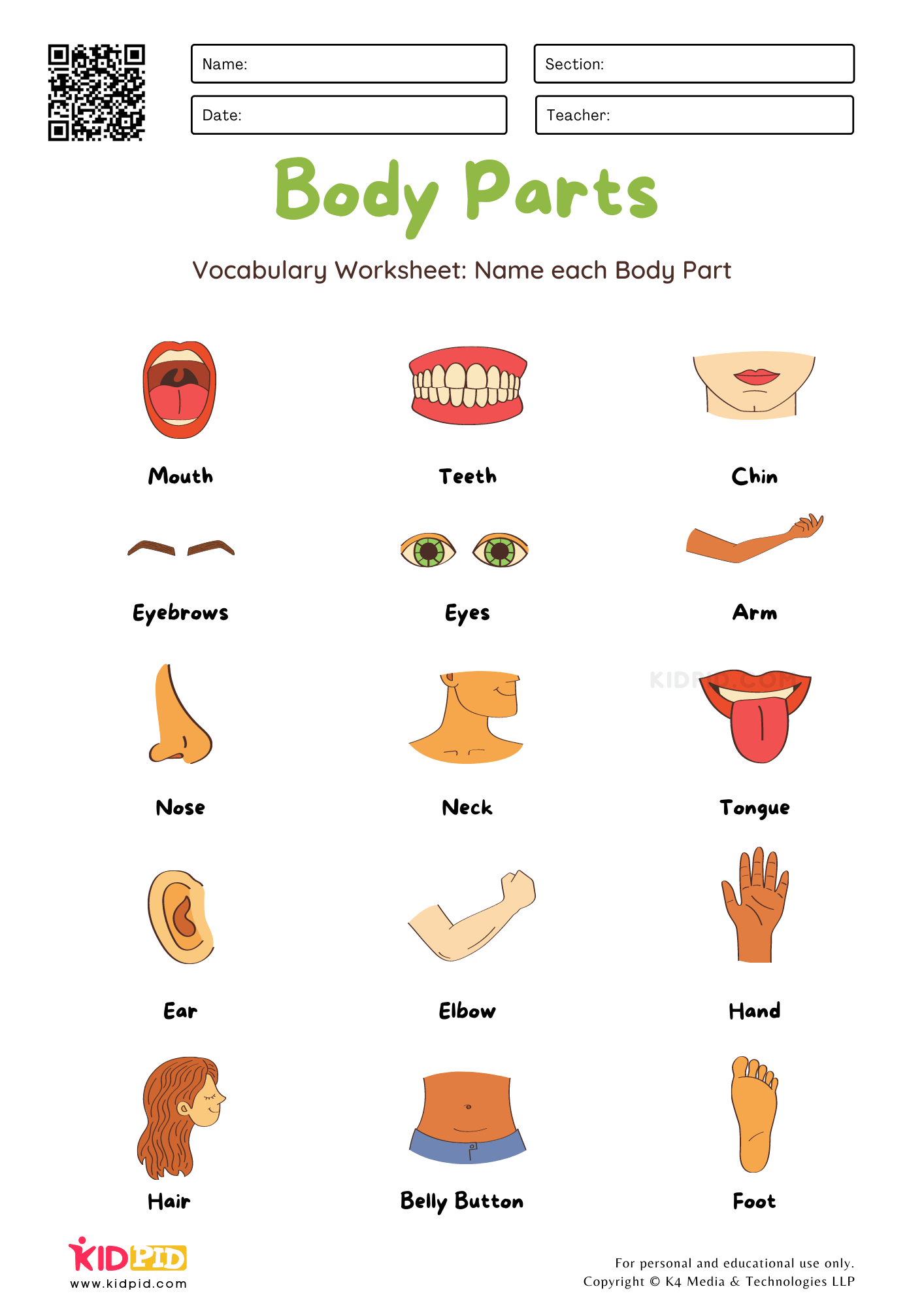Vocabulary Naming Body Parts Worksheet Kidpid
