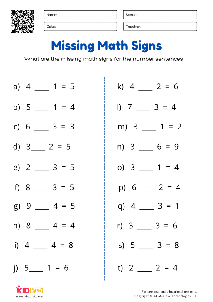 Missing Maths Signs Plus or Minus Printable Worksheets for Grade 1