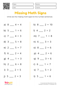 Missing Maths Signs Plus or Minus Printable Worksheets for Grade 1 - Kidpid