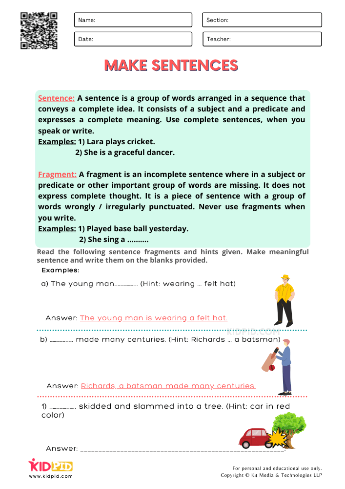 Sentence and Fragment Printable Worksheets for Grade 2