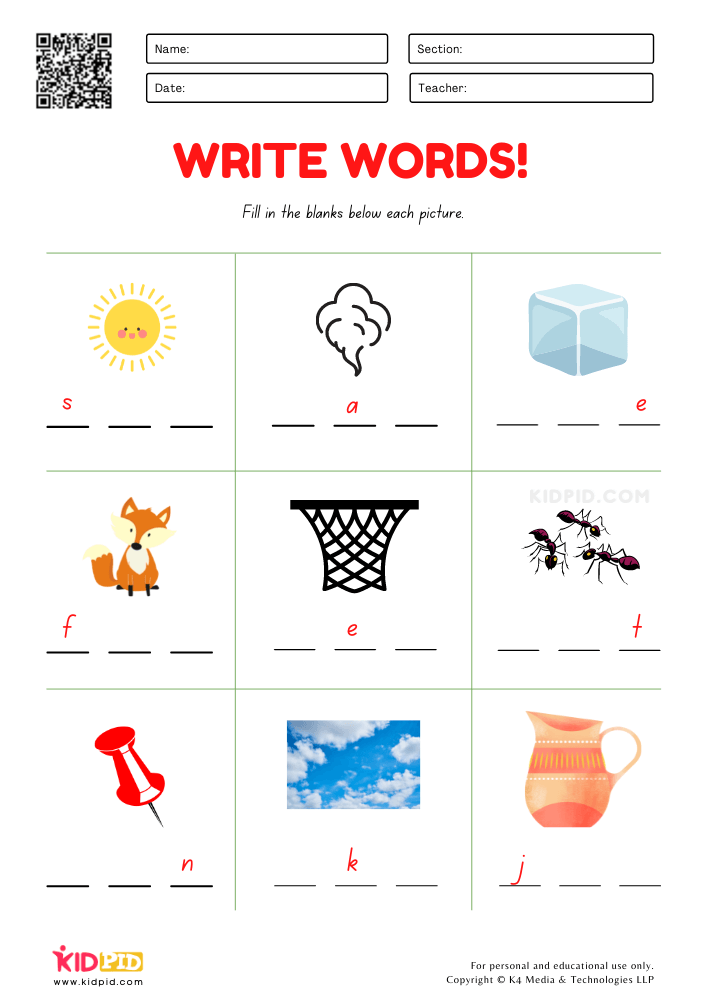 Write 3 Letter Words Worksheet for Grade 1