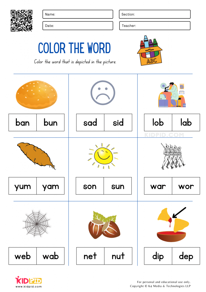 CVC Color the Word Worksheets for Kids