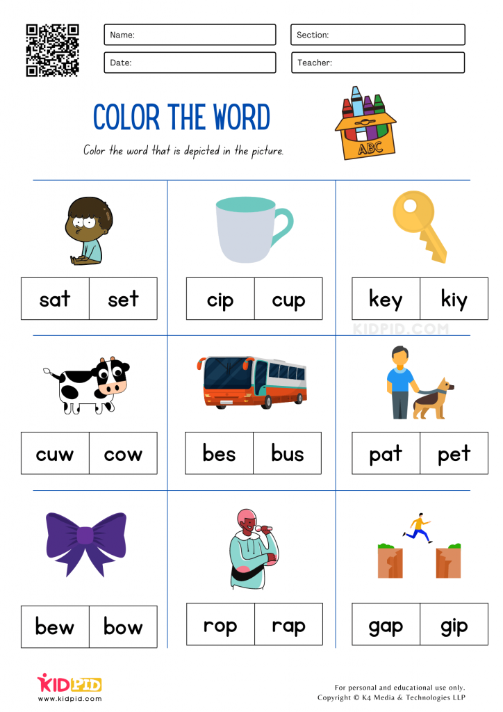 CVC Color the Word Worksheets for Kids