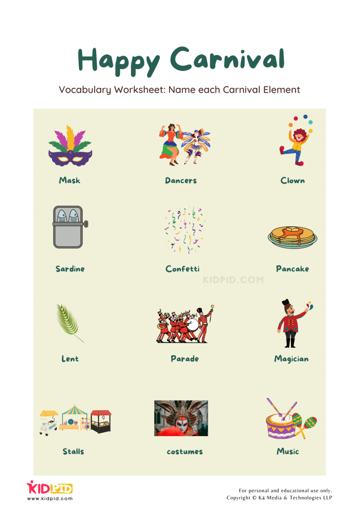 Worksheet for introducing Carnival related terms in your child's vocabulary