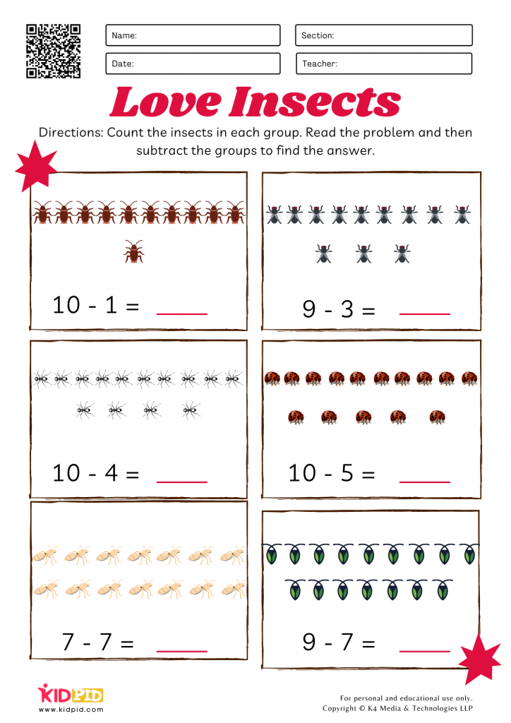 Colorful Insects Basic Subtraction Worksheets for Kids- PDF Missing