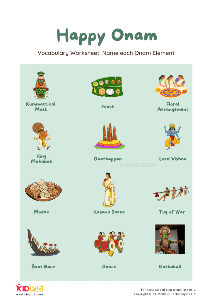 Worksheet for introducing Onam related terms in your child's vocabulary